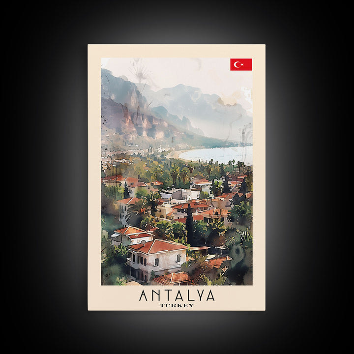 Picturesque Antalya Coastline, Framed Canvas Print, Ideal for Living Room Art, Travel Poster, Boho Wall Decor, Watercolor Art