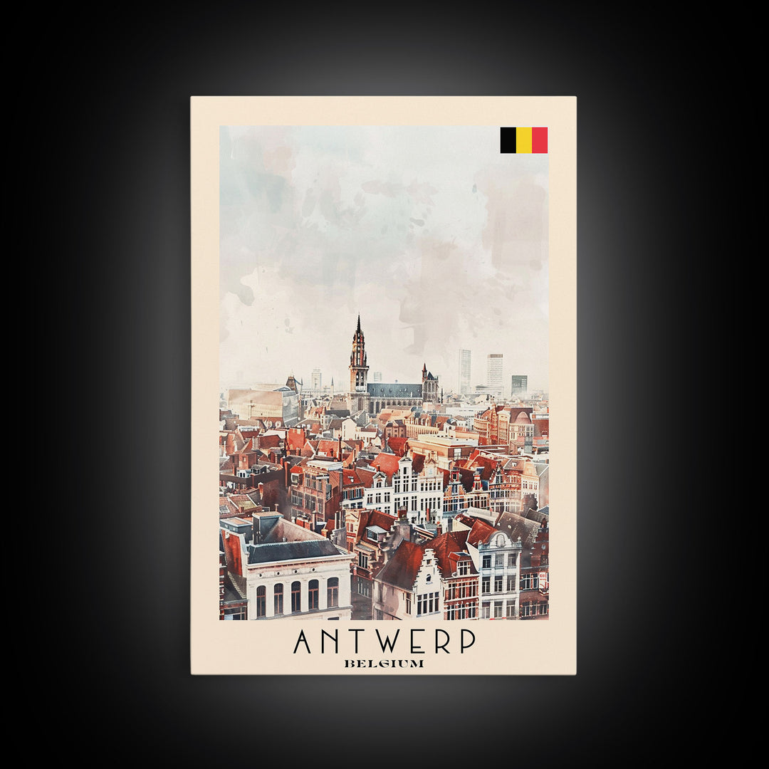 Charming Antwerp Cityscape, Framed Canvas Print, Perfect for Living Room Art, Travel Poster, Minimalist Home Decor, Watercolor Art