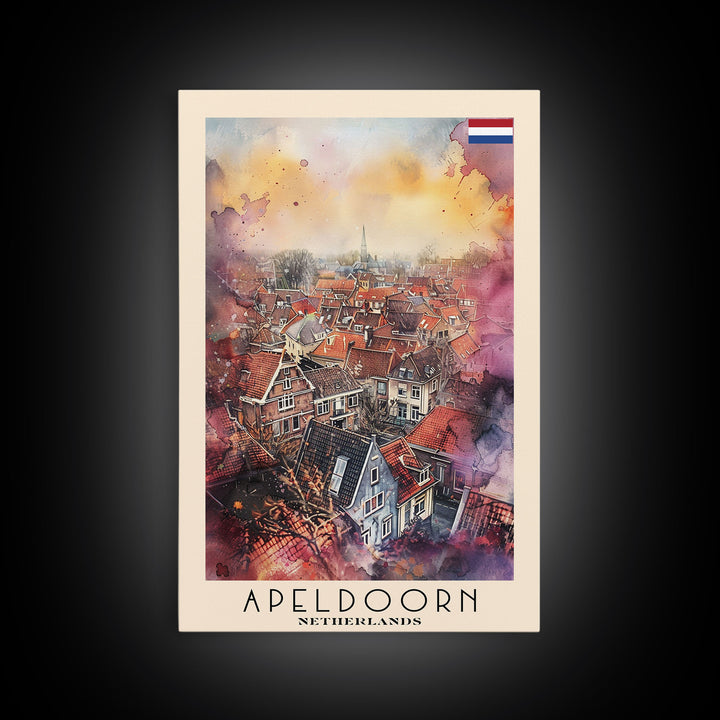 Scenic Apeldoorn Rooftops, Framed Canvas Print, Perfect for Living Room Art, Travel Poster, Boho Wall Decor, Watercolor Painting