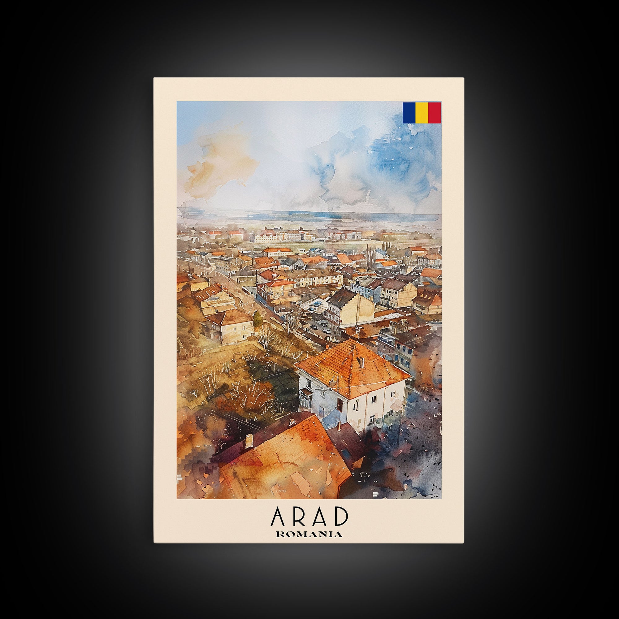 Serene Arad Cityscape, Framed Canvas Print, Ideal for Bedroom Art, Travel Poster, Rustic Home Decoration, Watercolor Art