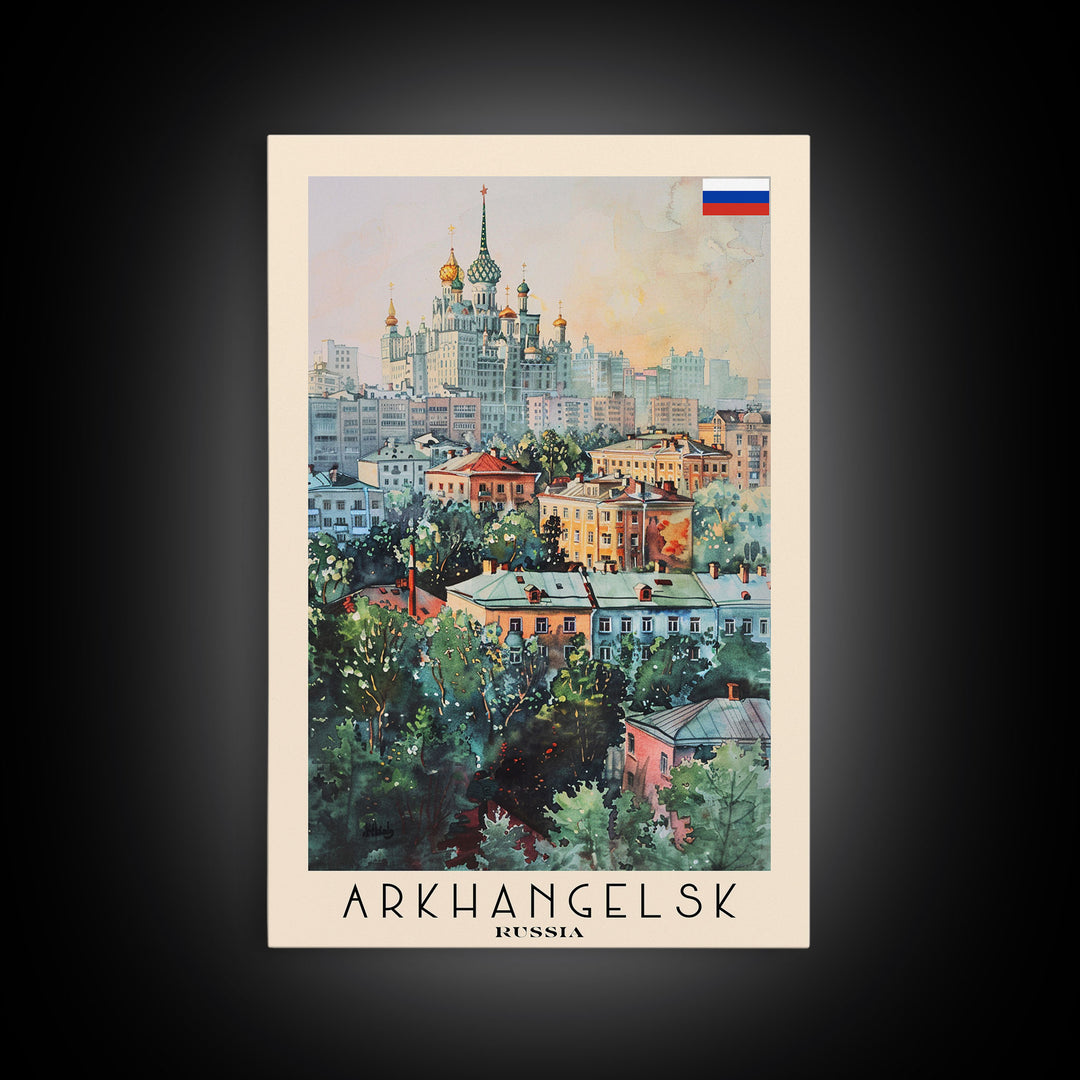 Majestic Arkhangelsk View, Framed Canvas Print, Perfect for Living Room Art, Travel Poster, Boho Home Decor, Watercolor Art