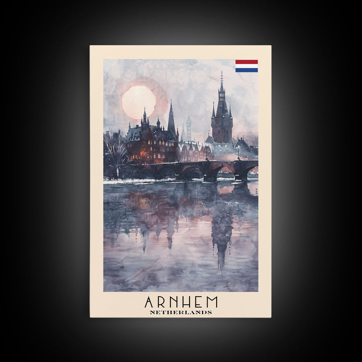 Arnhem Netherlands Travel Poster Framed Canvas Print, Wall Art, Home Decor, Vacation Print, Watercolor Painting, Cityscape Art