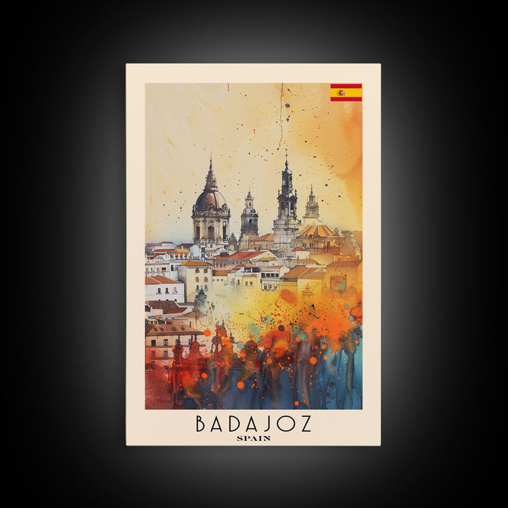 Badajoz Spain Travel Poster Framed Canvas Print, Wall Art, Home Decor, Vacation Print, Watercolor Painting, Cityscape Art, Vibrant Colors