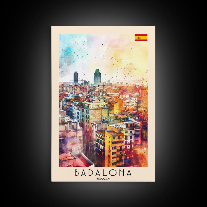 Badalona Spain Travel Poster Framed Canvas Print, Wall Art, Home Decor, Travel Print, Watercolor Painting, Urban Cityscape, Original Art