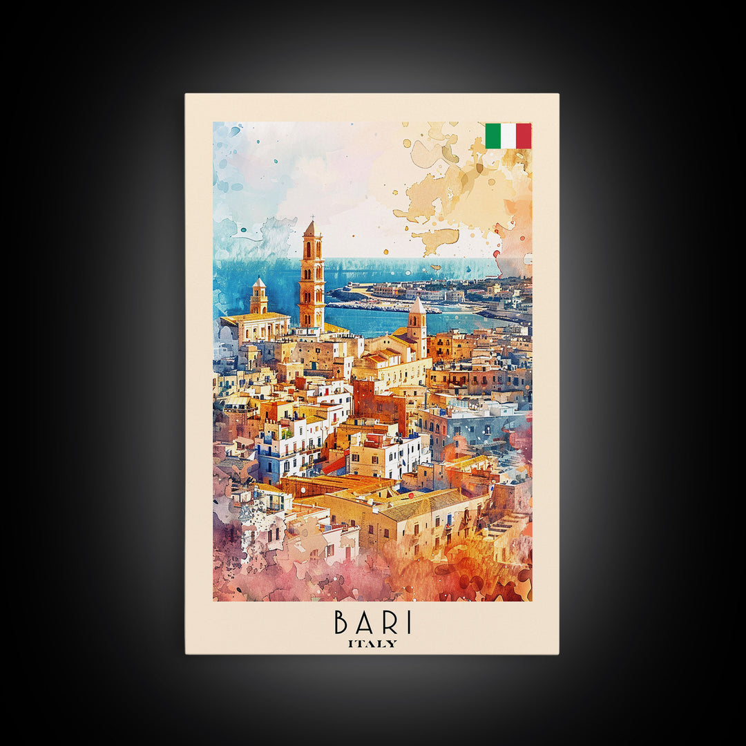 Bari Italy Travel Poster Framed Canvas Print, Wall Art, Home Decor, Watercolor Painting, Vacation Gift, Minimalist Art