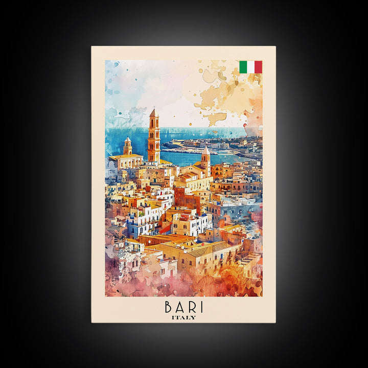 Bari Italy Travel Poster Framed Canvas Print, Wall Art, Home Decor, Watercolor Painting, Vacation Gift, Minimalist Art
