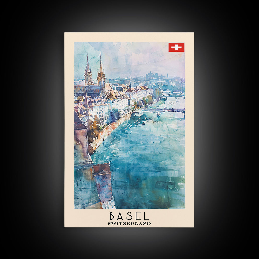 Basel Switzerland Travel Poster Framed Canvas Print, Wall Art, Home Decor, Watercolor Painting, Vacation Gift, Minimalist Art
