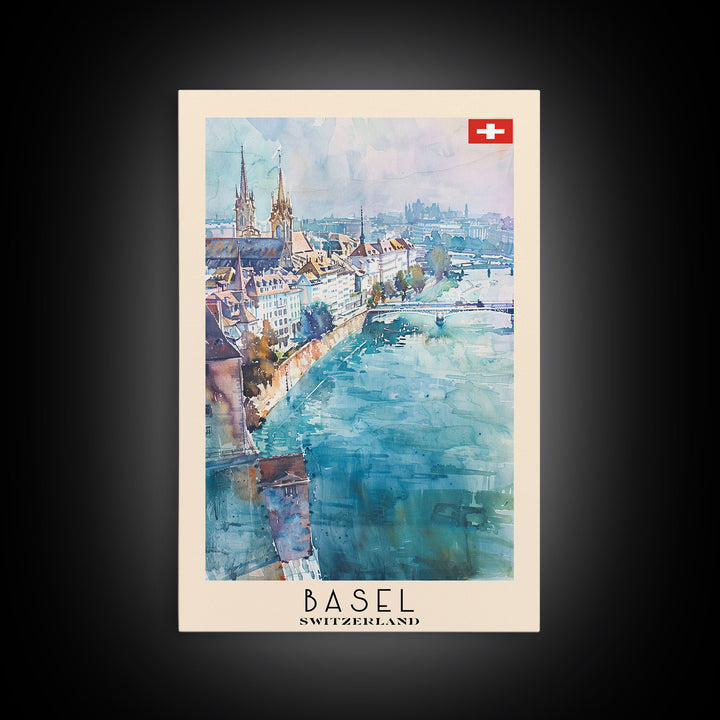 Basel Switzerland Travel Poster Framed Canvas Print, Wall Art, Home Decor, Watercolor Painting, Vacation Gift, Minimalist Art
