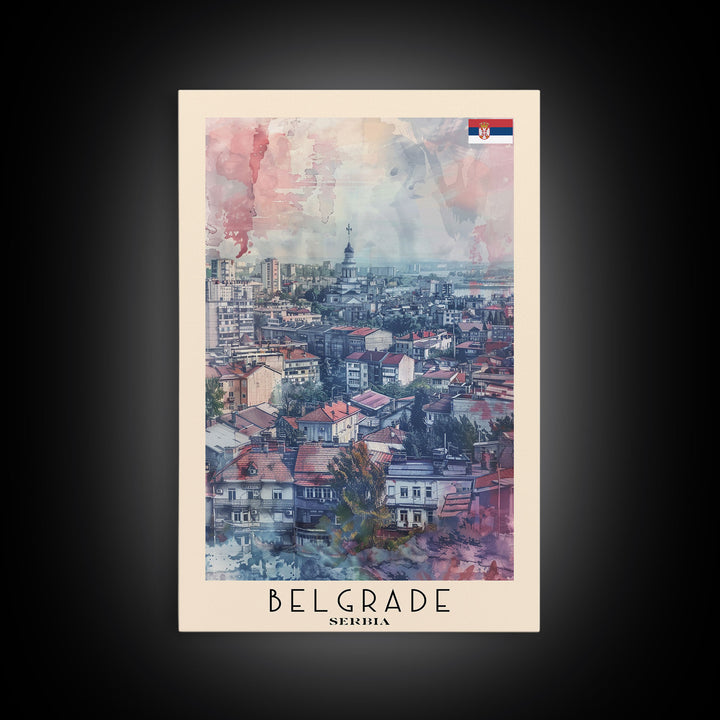 Belgrade Serbia Travel Poster Framed Canvas Print, Wall Art, Living Room Art, Watercolor Painting, Original Art, Vacation Gift