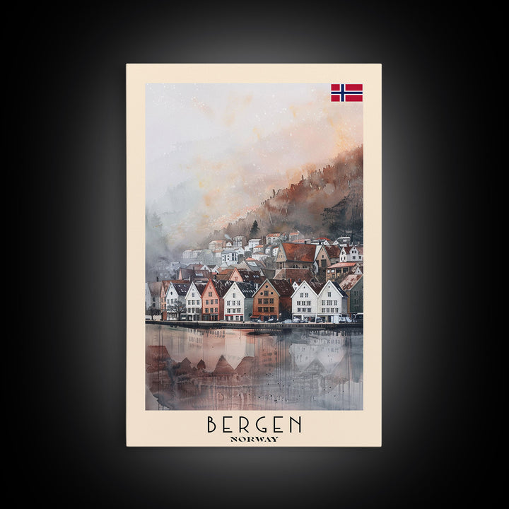 Bergen Norway Travel Poster Framed Canvas Print, Watercolor Painting, Wall Art, Home Decor, Boho Art, Scenic Travel Print