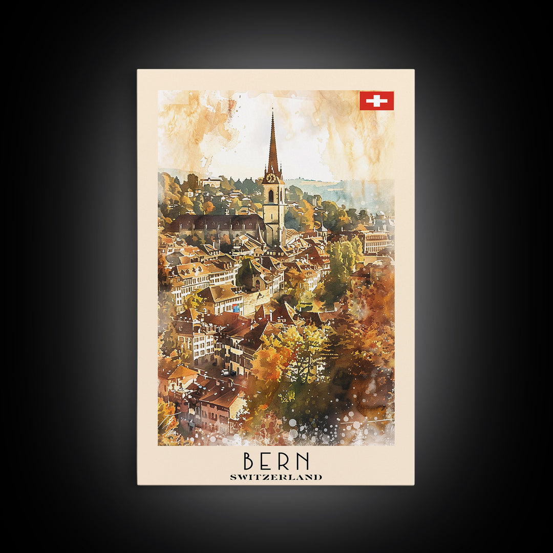 Bern Switzerland Travel Poster Framed Canvas Print, Watercolor Painting, Wall Art, Home Decor, Travel Print, Scenic Art, Original