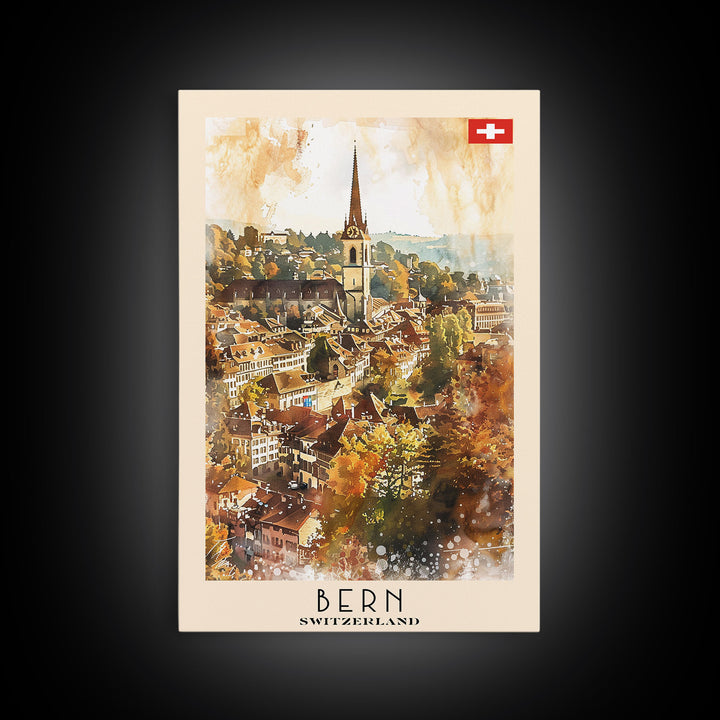 Bern Switzerland Travel Poster Framed Canvas Print, Watercolor Painting, Wall Art, Home Decor, Travel Print, Scenic Art, Original