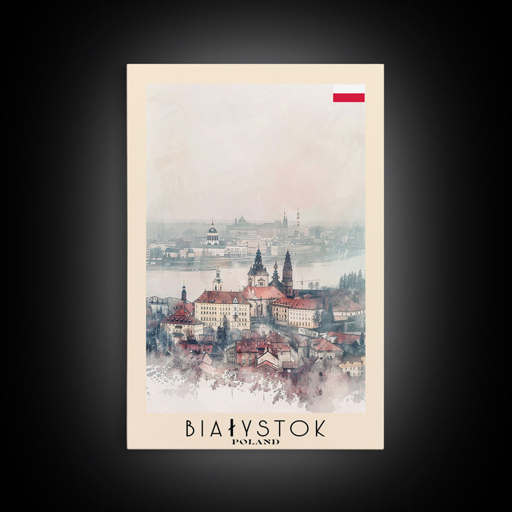 Białystok Poland Travel Poster Framed Canvas Print, Watercolor Art, Home Decor, Wall Art, Travel Print, Historic Cityscape Art