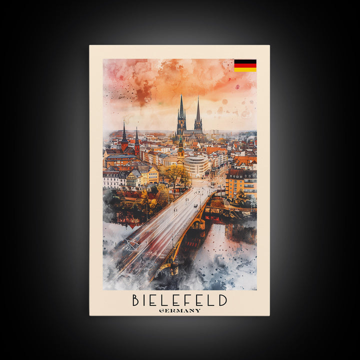 Bielefeld Germany Travel Poster Framed Canvas Print, Watercolor Art, Home Decor, Wall Art, Travel Print, Cityscape Art