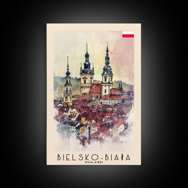Bielsko-Biała Poland Travel Poster Framed Canvas Print, Watercolor Painting, Wall Art, Home Decor, Travel Print, Historic Cityscape