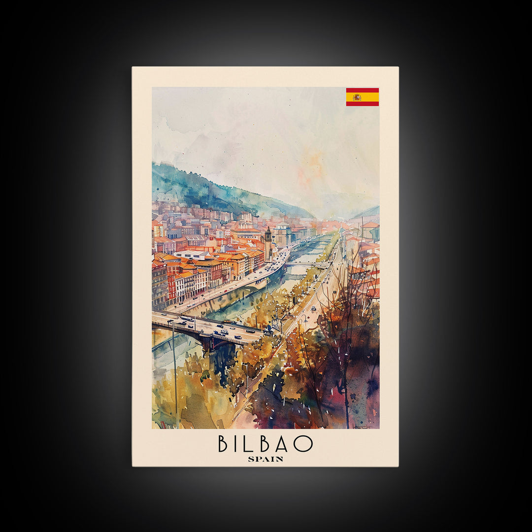 Bilbao Spain Travel Poster Framed Canvas Print, Watercolor Painting, Wall Art, Home Decor, Scenic Travel Print, Cityscape Art
