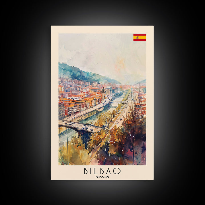 Bilbao Spain Travel Poster Framed Canvas Print, Watercolor Painting, Wall Art, Home Decor, Scenic Travel Print, Cityscape Art