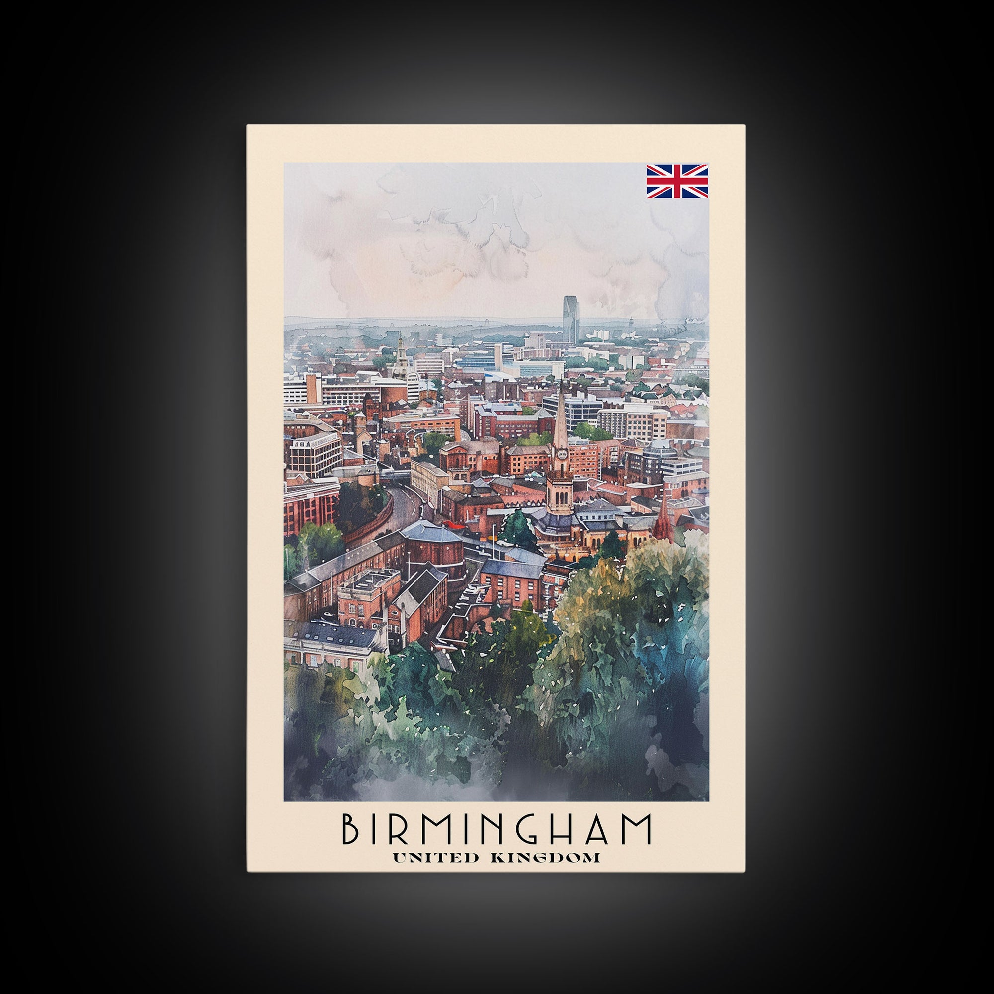 Birmingham United Kingdom Travel Poster Framed Canvas Print, Watercolor Art, Home Decor, Wall Art, Travel Print, Cityscape Art