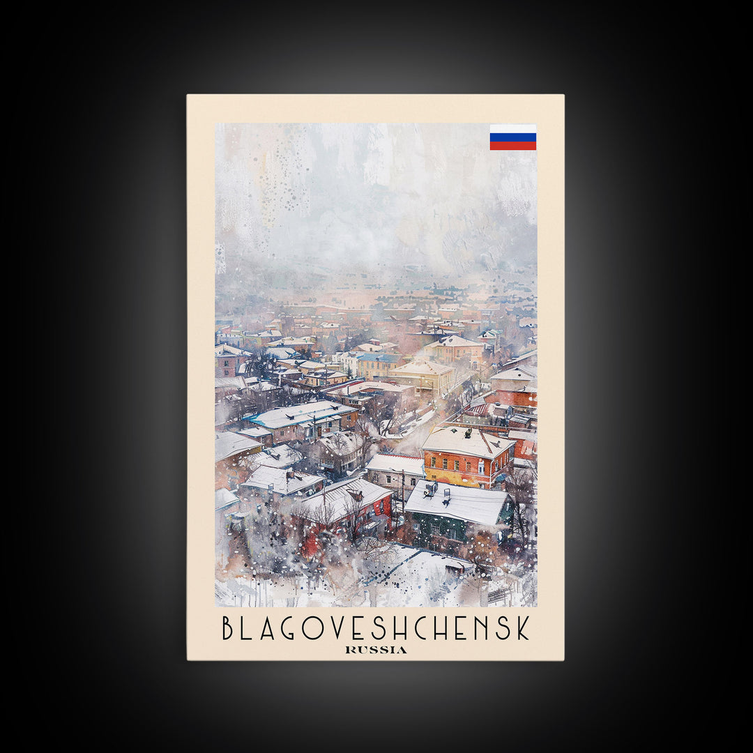 Blagoveshchensk Russia Travel Poster Framed Canvas Print, Wall Art, Home Decor, Travel Print, Winter Scene, Original Art