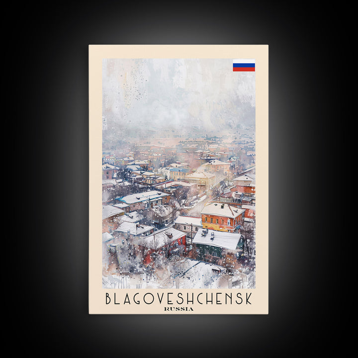 Blagoveshchensk Russia Travel Poster Framed Canvas Print, Wall Art, Home Decor, Travel Print, Winter Scene, Original Art
