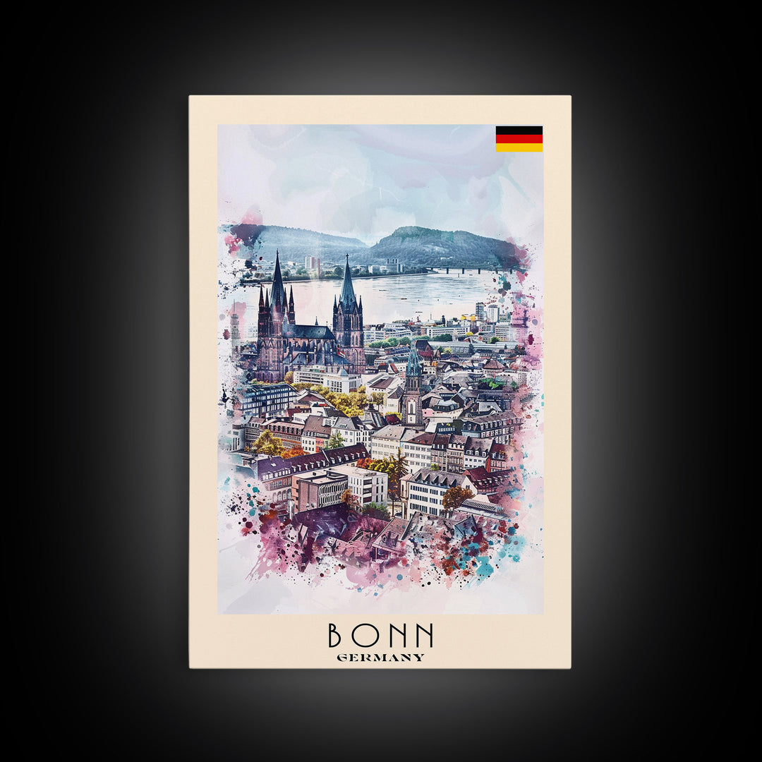 Bonn Germany Travel Poster Framed Canvas Print, Wall Art, Home Decor, Travel Print, River View, Watercolor Painting, Original Art