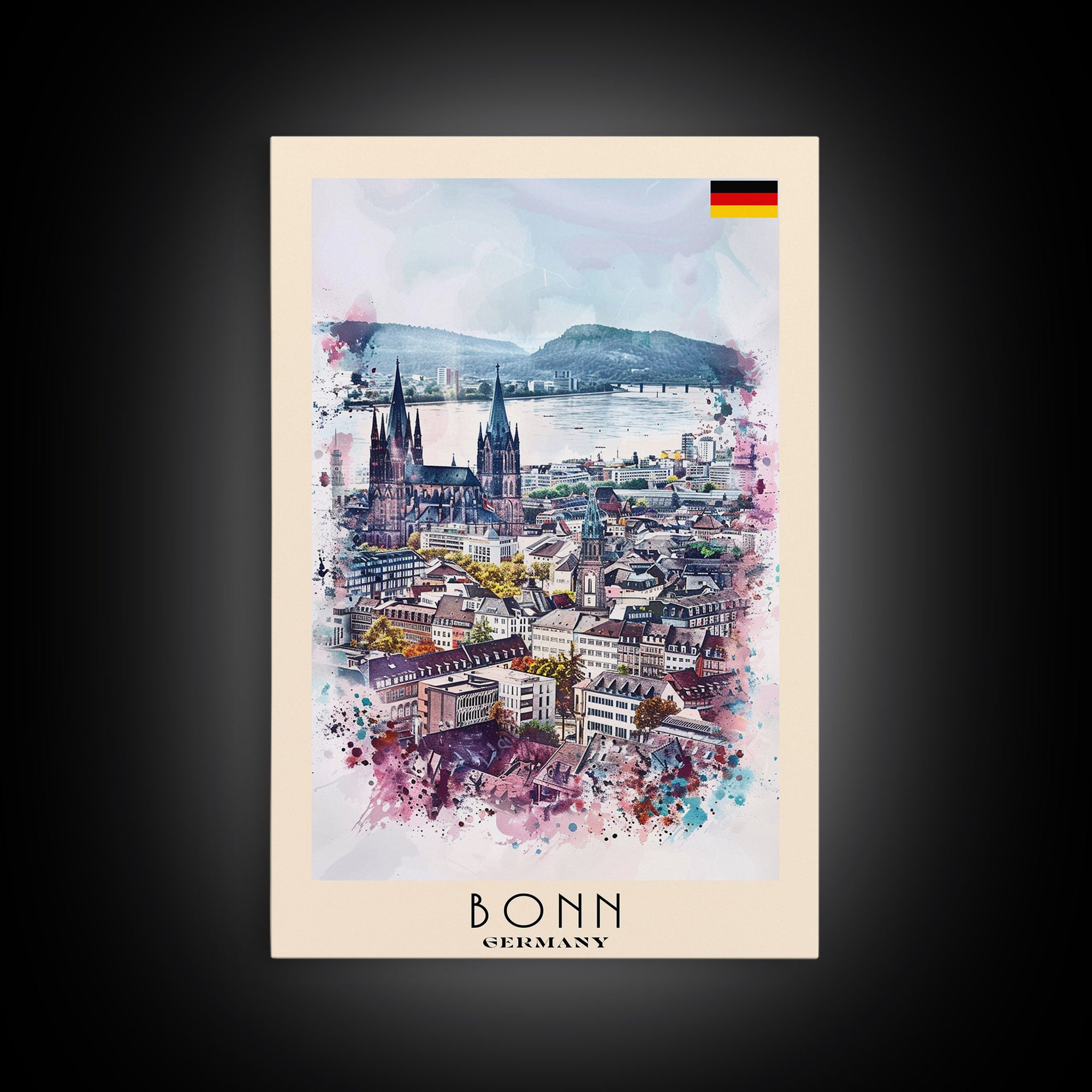 Bonn Germany Travel Poster Framed Canvas Print, Wall Art, Home Decor, Travel Print, River View, Watercolor Painting, Original Art