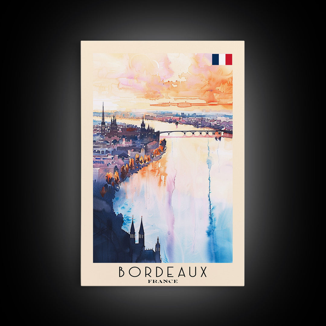 Bordeaux France Travel Poster Framed Canvas Print, Wall Art, Home Decor, Travel Print, Sunset View, Watercolor Art, Original Art