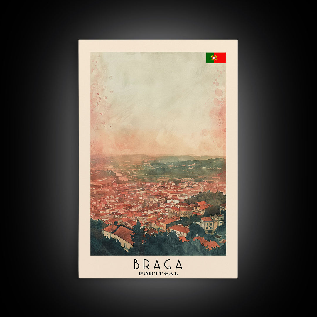 Braga Portugal Travel Poster Framed Canvas Print, Wall Art, Home Decor, Travel Print, Sunset Scene, Boho Art, Original Art