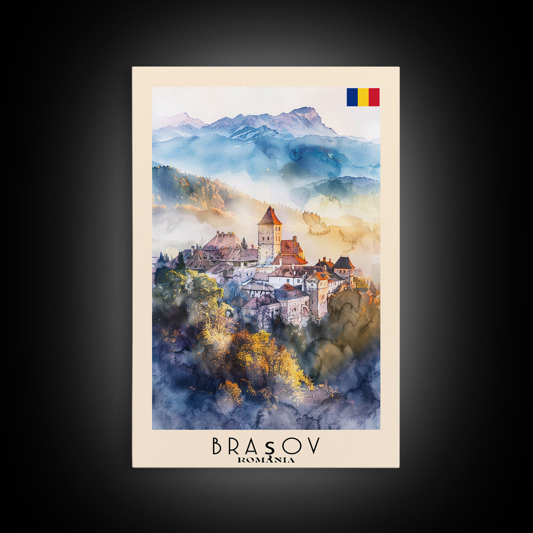 Bra?ov Romania Travel Poster Framed Canvas Print, Wall Art, Home Decor, Travel Print, Mountain View, Watercolor Painting, Original Art