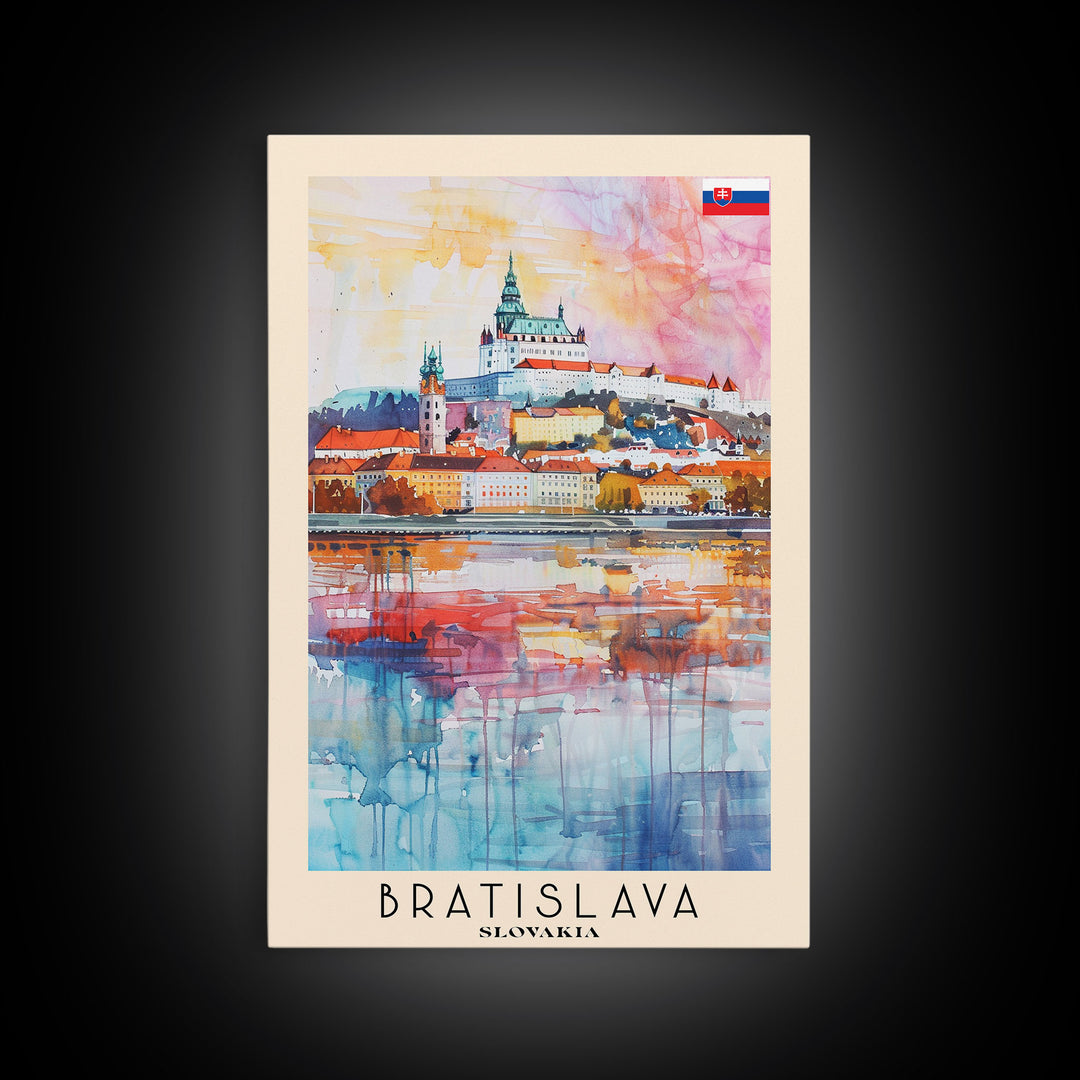 Bratislava Slovakia Travel Poster Framed Canvas Print, Wall Art, Home Decor, Watercolor Painting, Travel Print, Boho Style Art