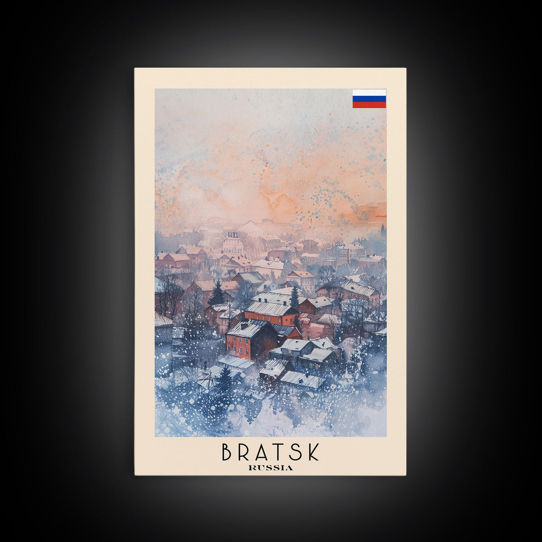 Bratsk Russia Travel Poster Framed Canvas Print, Winter Scene, Wall Art, Home Decor, Travel Print, Abstract Watercolor, Minimalist Art