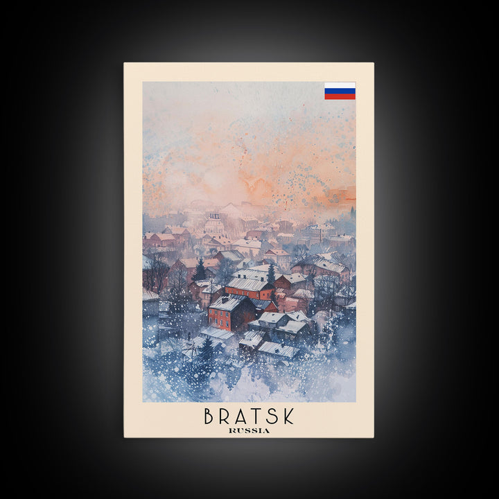 Bratsk Russia Travel Poster Framed Canvas Print, Winter Scene, Wall Art, Home Decor, Travel Print, Abstract Watercolor, Minimalist Art