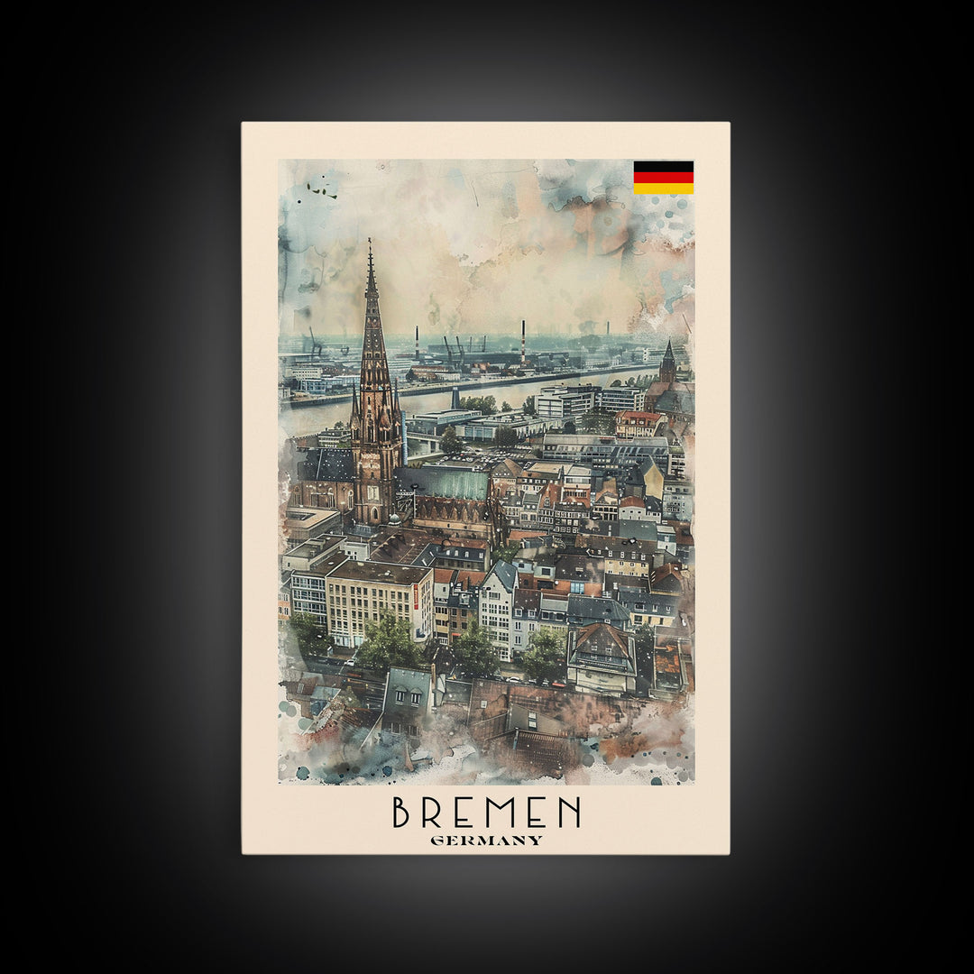 Bremen Germany Travel Poster Framed Canvas Print, Cityscape Art, Wall Decor, Travel Print, Watercolor Painting, Urban Scene, Minimalist Art