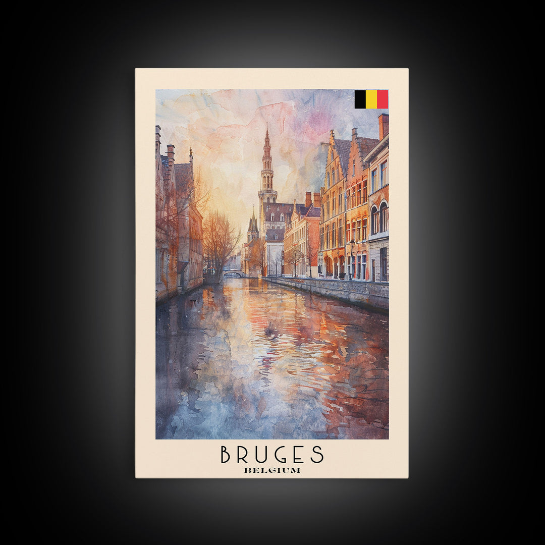 Bruges Belgium Travel Poster Framed Canvas Print, Watercolor Painting, Boho Wall Art, Home Decor, Living Room Art, Minimalist Travel Print