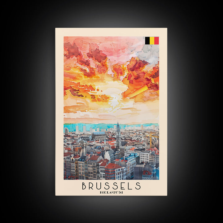 Brussels Belgium Travel Poster Framed Canvas Print, Abstract Sunset, Wall Art, Modern Home Decor, Travel Print, Watercolor Painting, Art Piece