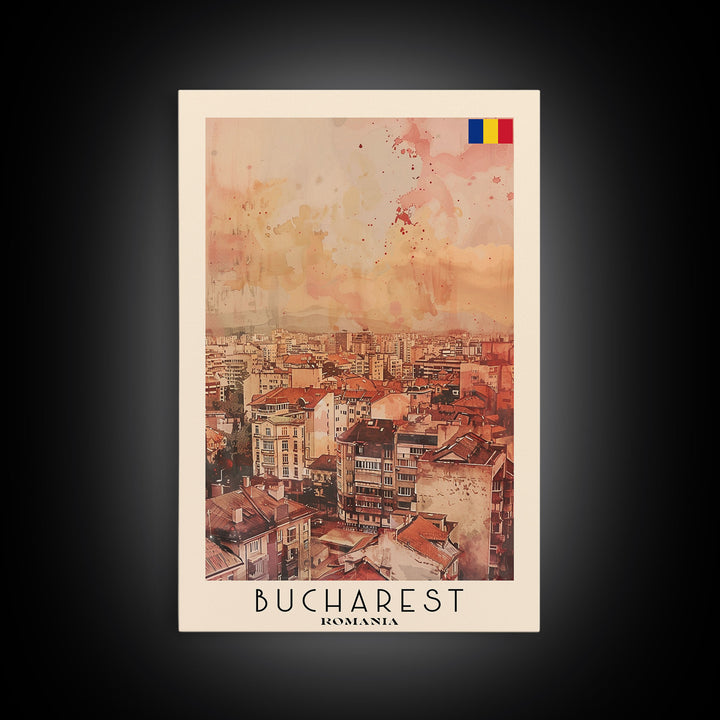 Bucharest Romania Travel Poster Framed Canvas Print, Abstract Cityscape, Boho Wall Art, Home Decor, Living Room Art, Watercolor Painting, Original Art