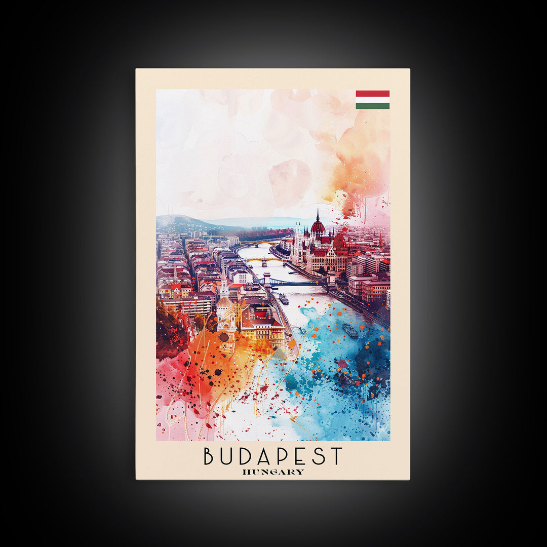Budapest Hungary Travel Poster Framed Canvas Print, Colorful Watercolor Painting, Wall Art, Home Decor, Travel Print, Boho Style, Art Piece