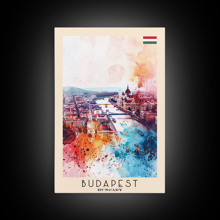 Budapest Hungary Travel Poster Framed Canvas Print, Colorful Watercolor Painting, Wall Art, Home Decor, Travel Print, Boho Style, Art Piece