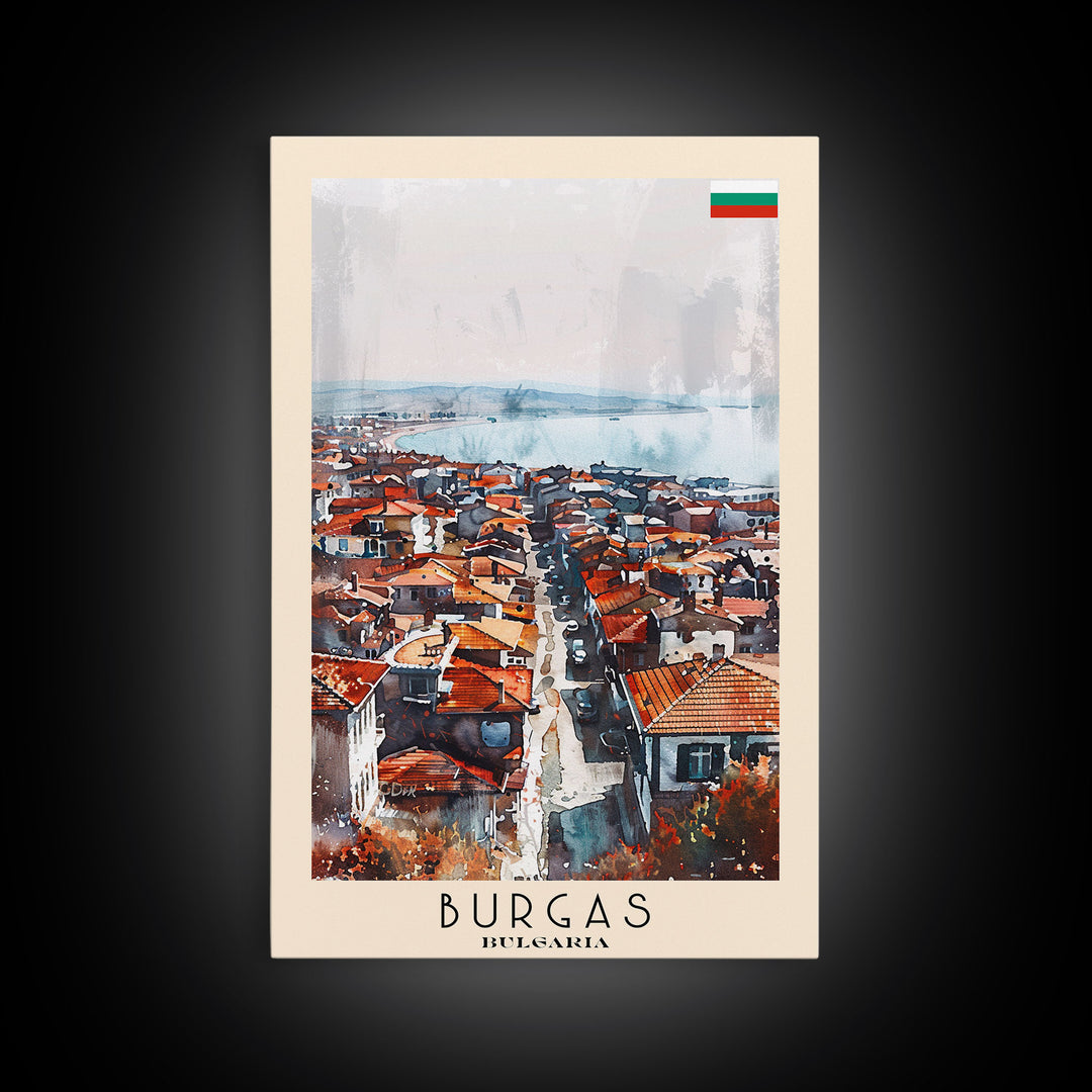 Burgas Bulgaria Travel Poster Framed Canvas Print, Coastal Cityscape, Watercolor Painting, Wall Art, Home Decor, Minimalist Travel Print, Urban Scene