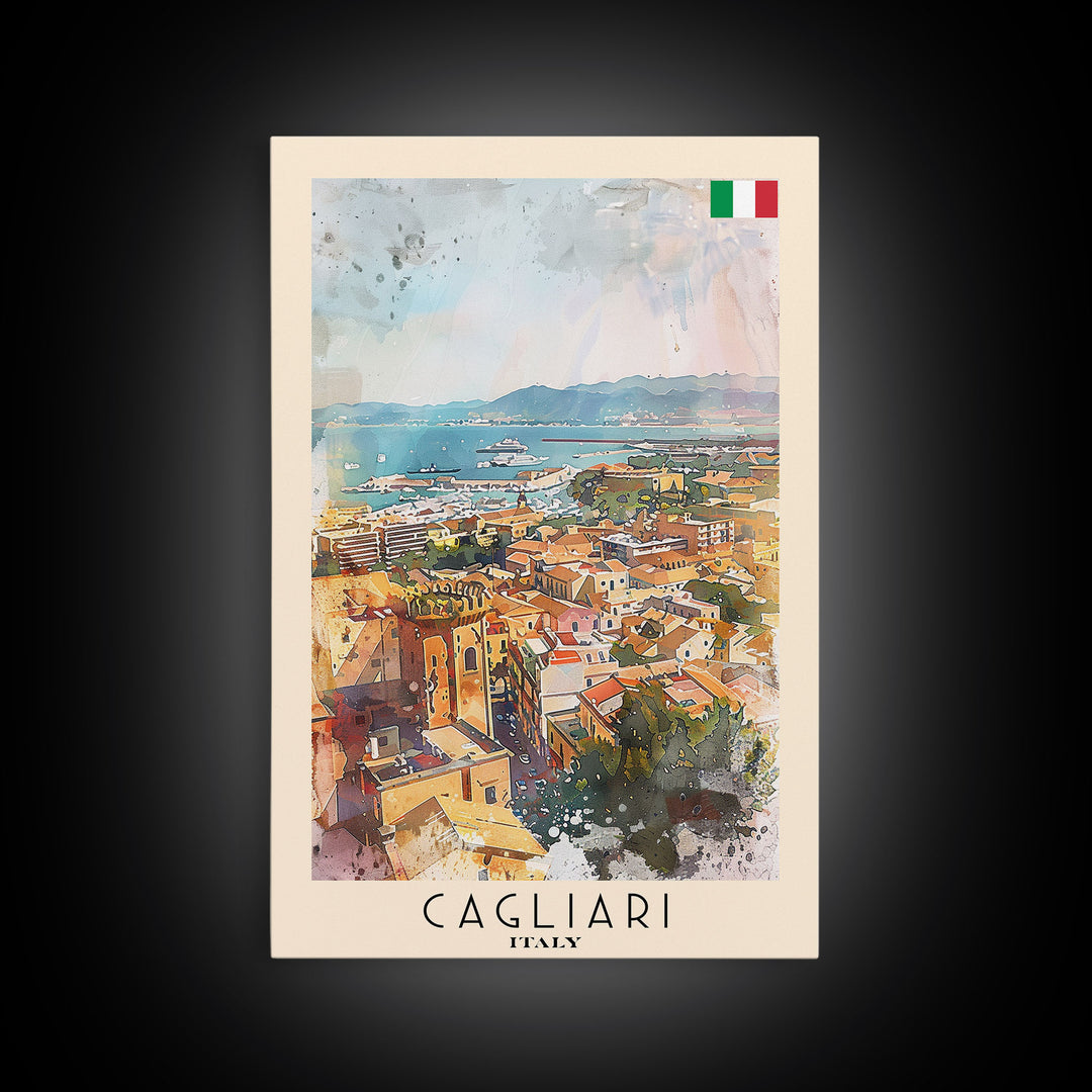 Cagliari Italy Travel Poster Framed Canvas Print, Wall Art, Home Decor, Travel Print, Vacation Gift, Watercolor Painting, Original Art