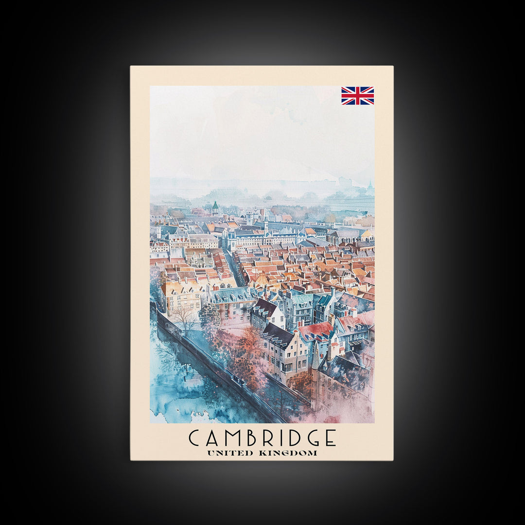 Cambridge United Kingdom Travel Poster Framed Canvas Print, Wall Art, Home Decor, Travel Print, Vacation Gift, Watercolor Painting, Original Art