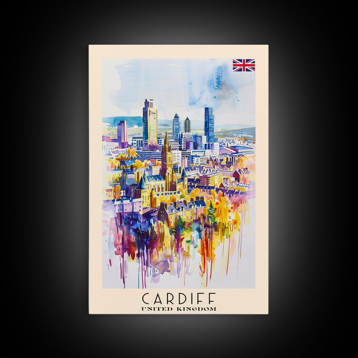 Cardiff United Kingdom Travel Poster Framed Canvas Print, Wall Art, Home Decor, Travel Print, Vacation Gift, Watercolor Painting, Original Art