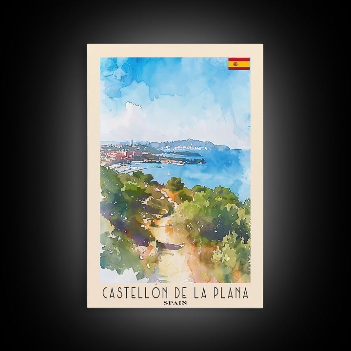 Castellón de la Plana Spain Travel Poster Framed Canvas Print, Wall Art, Home Decor, Travel Print, Vacation Gift, Watercolor Painting, Original Art