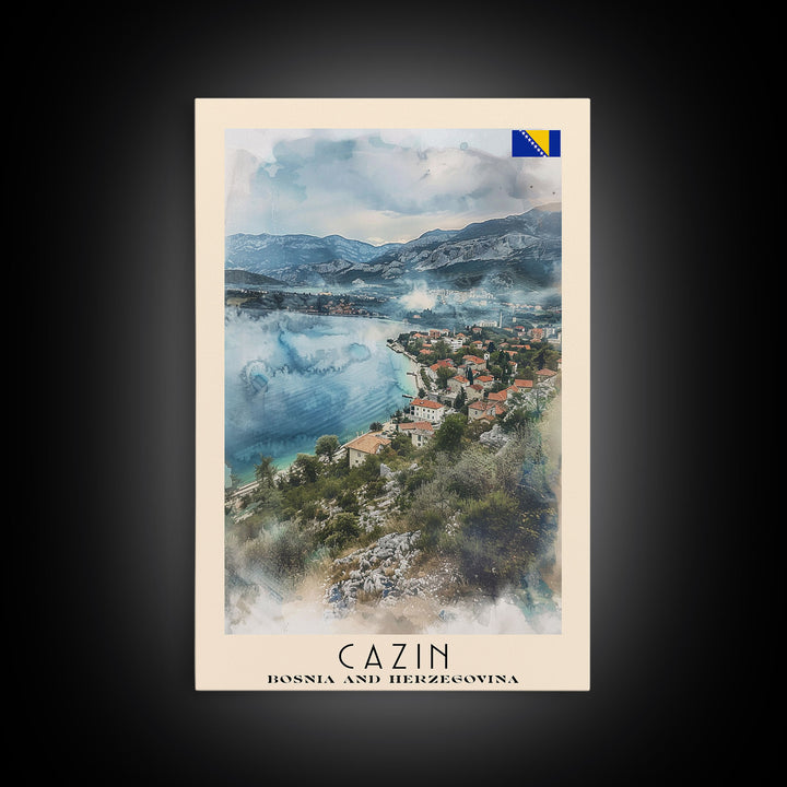 Cazin Bosnia and Herzegovina Travel Poster Framed Canvas Print, Wall Art, Home Decor, Travel Print, Vacation Gift, Watercolor Painting, Original Art