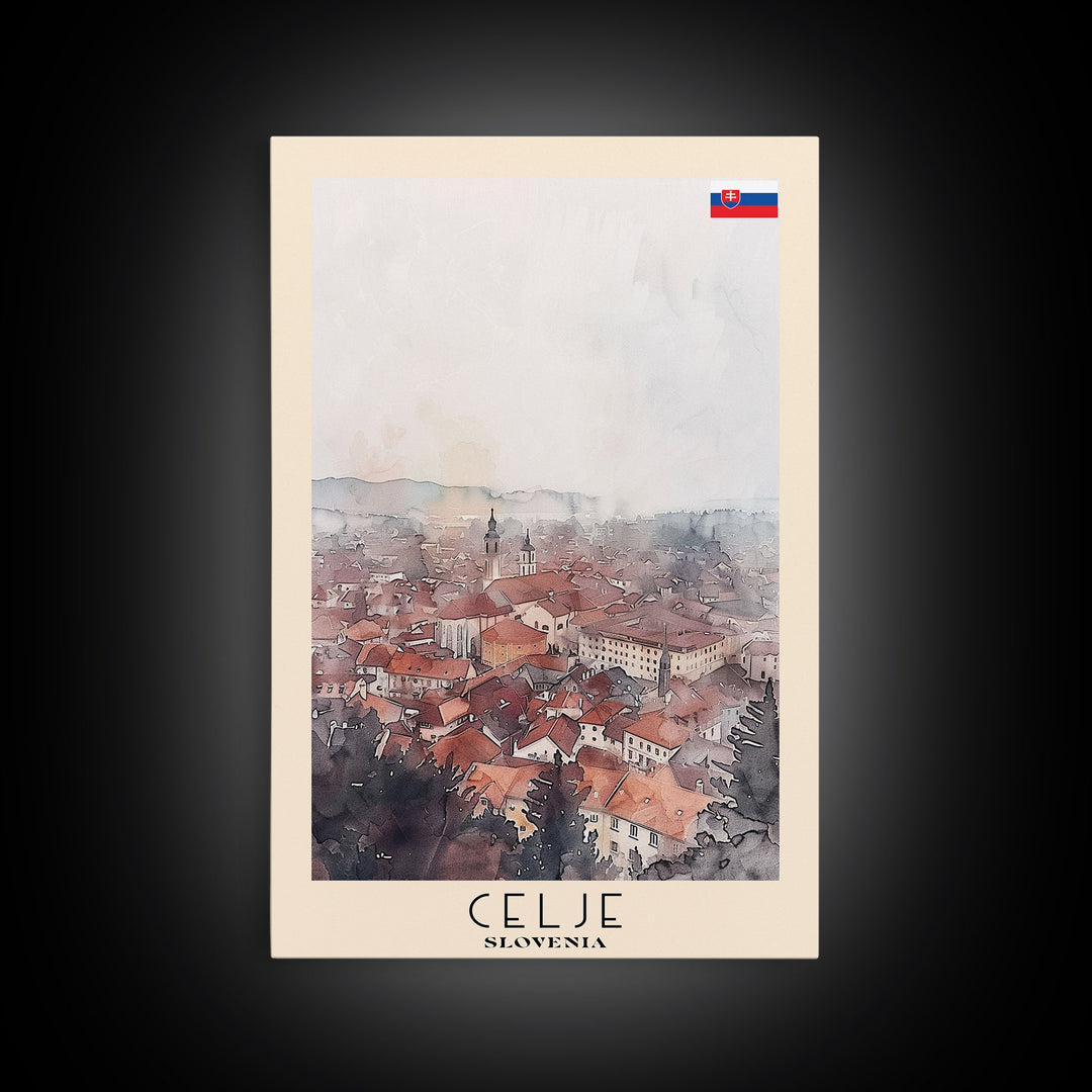 Celje Slovenia Travel Poster Framed Canvas Print, Wall Art, Home Decor, Travel Print, Vacation Gift, Watercolor Painting, Original Art
