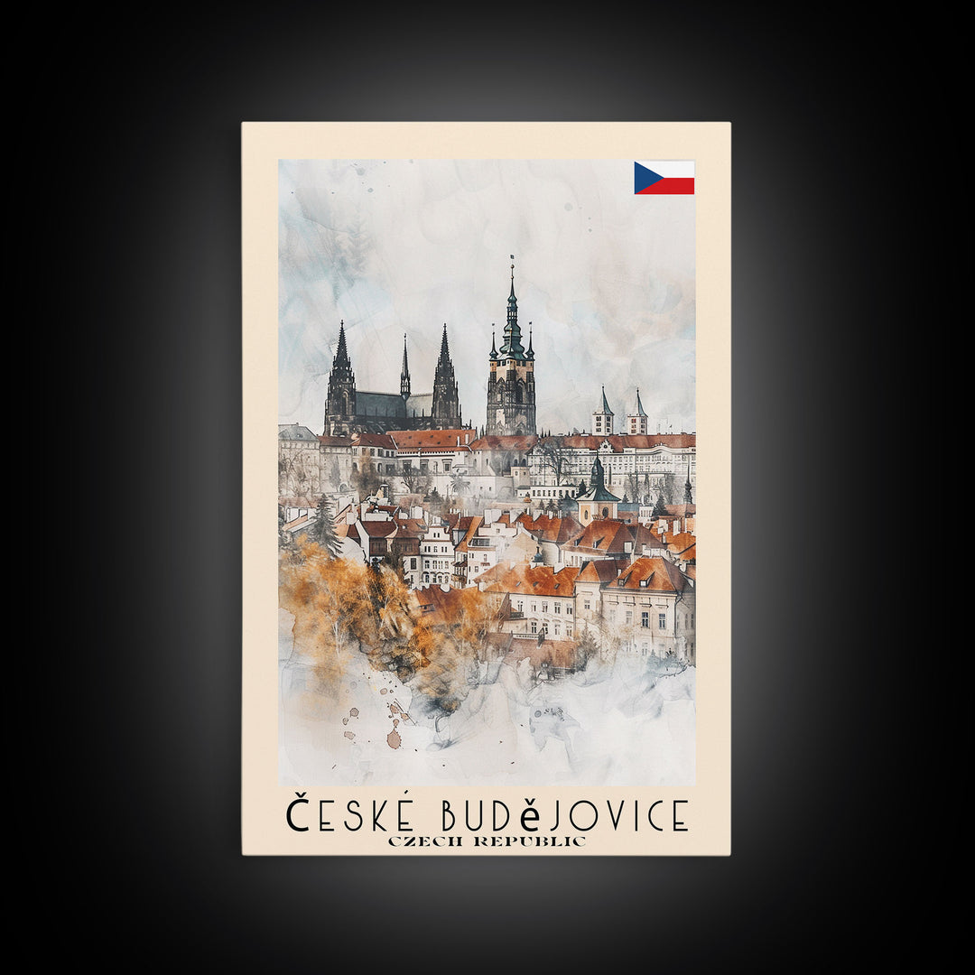 České Budějovice Czech Republic Travel Poster Framed Canvas Print, Wall Art, Home Decor, Travel Print, Vacation Gift, Watercolor Painting, Original Art