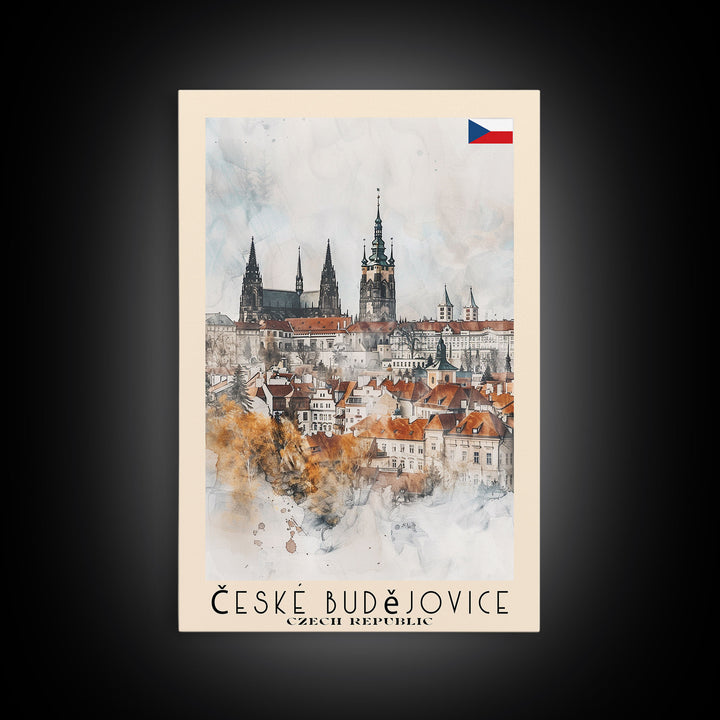 České Budějovice Czech Republic Travel Poster Framed Canvas Print, Wall Art, Home Decor, Travel Print, Vacation Gift, Watercolor Painting, Original Art