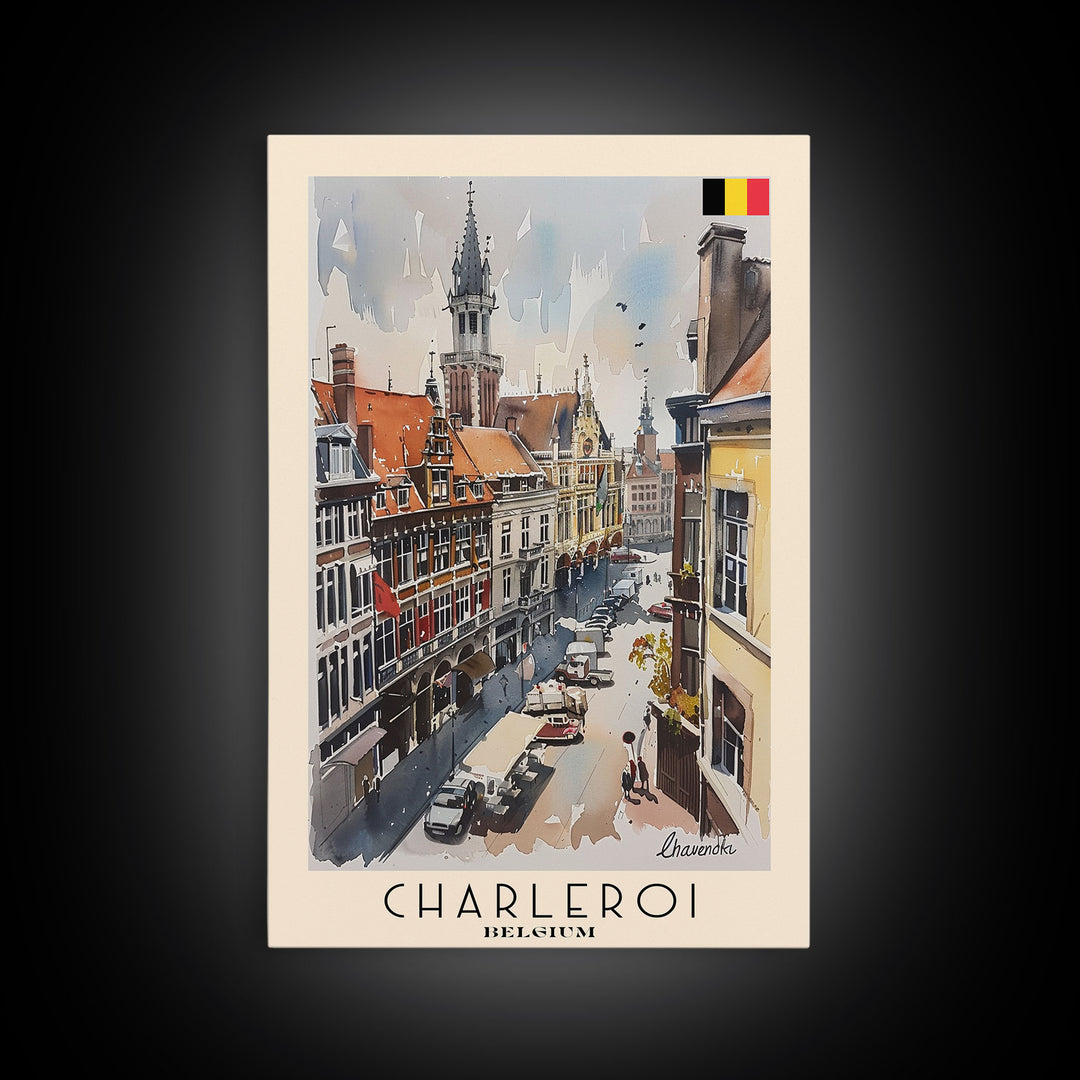 Charleroi Belgium Travel Poster Framed Canvas Print, Wall Art, Home Decor, Travel Print, Vacation Gift, Watercolor Painting, Original Art