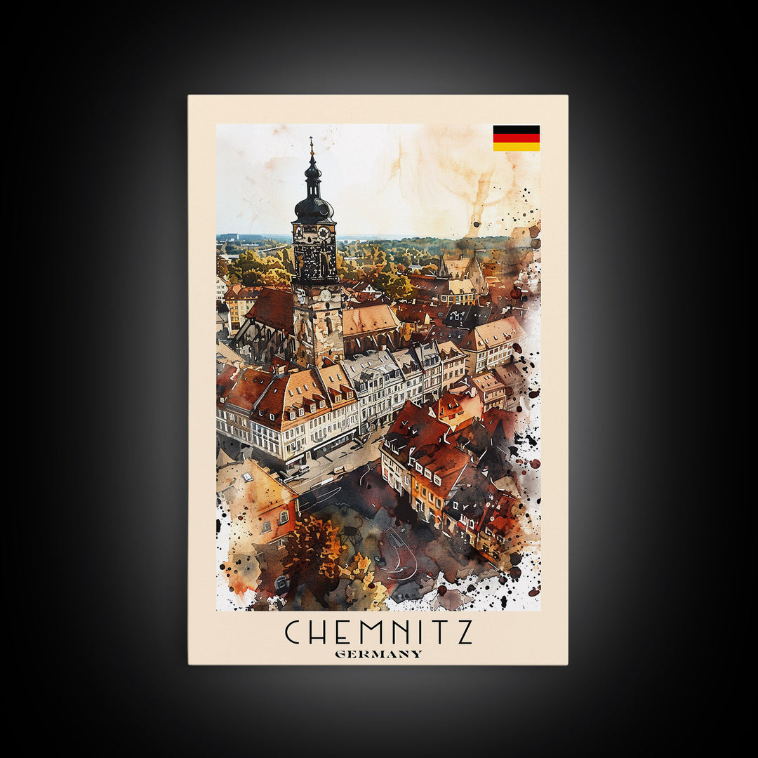 Chemnitz Germany Travel Poster Framed Canvas Print, Wall Art, Home Decor, Travel Print, Minimalist Watercolor Painting, Original Art