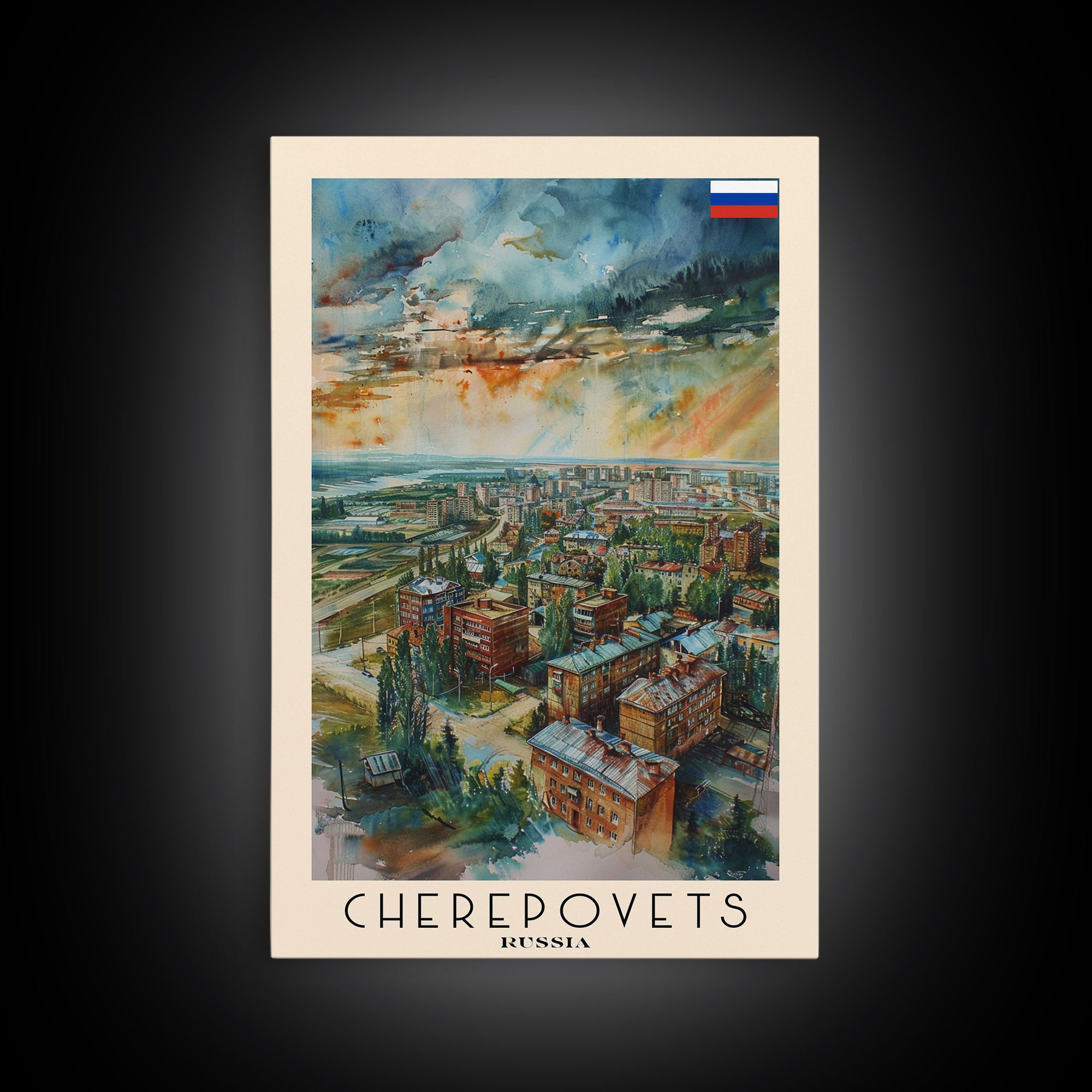 Cherepovets Russia Travel Poster Framed Canvas Print, Wall Art, Home Decor, Travel Print, Abstract Watercolor Painting, Original Art